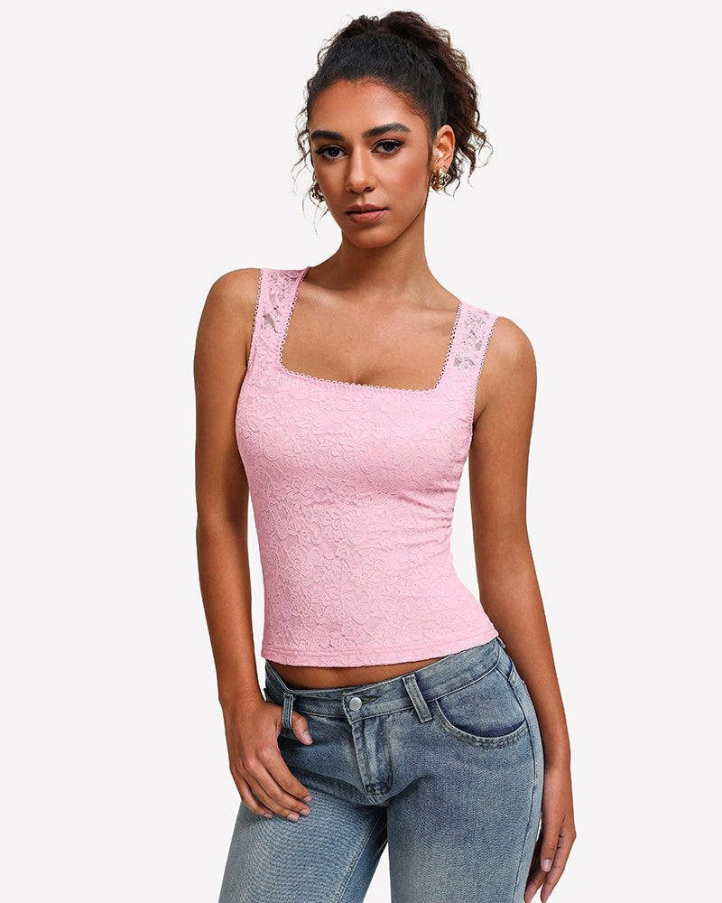 Pink square-neck sleeveless lace going-out top with scalloped neckline, double-lined
