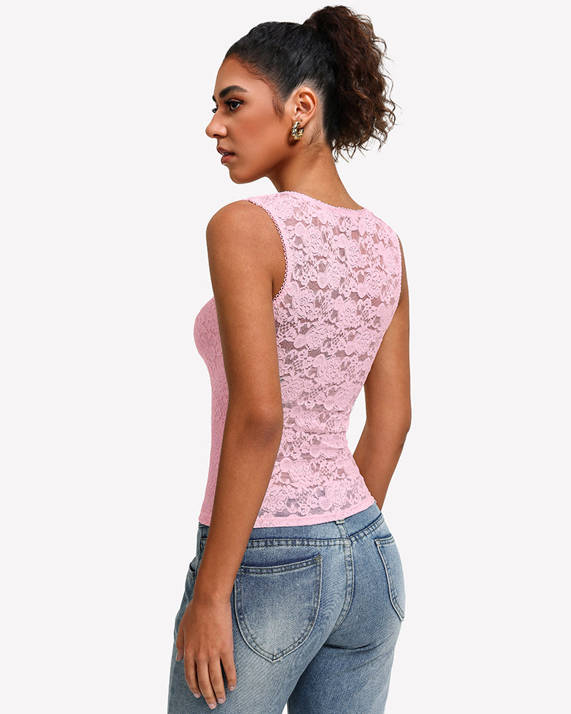 Square-neck double-lined going out top in pink lace, sleeveless back view