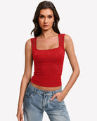 Red square-neck sleeveless lace going-out top with scalloped neckline, double-lined