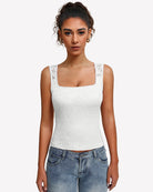 Square-neck double-lined going out top in white lace, sleeveless front view