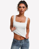 White square-neck sleeveless lace going-out top with scalloped neckline, double-lined