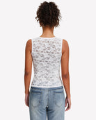 Square-neck double-lined going out top in white lace, sleeveless back view