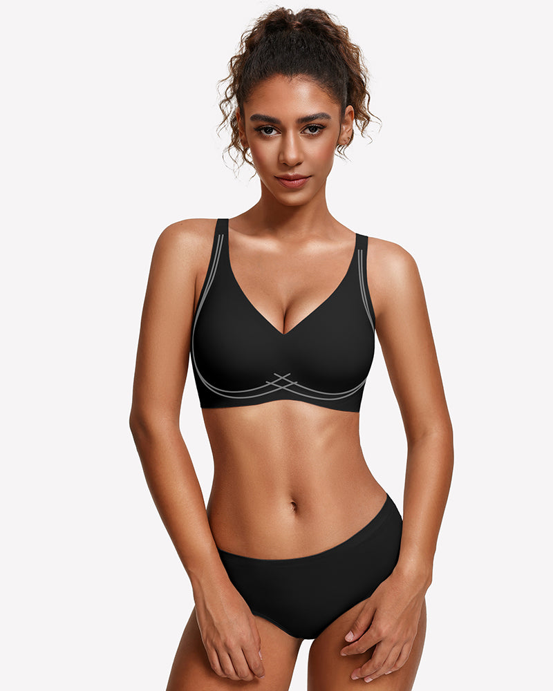 Black seamless push-up deep V bra front view with narrow straps