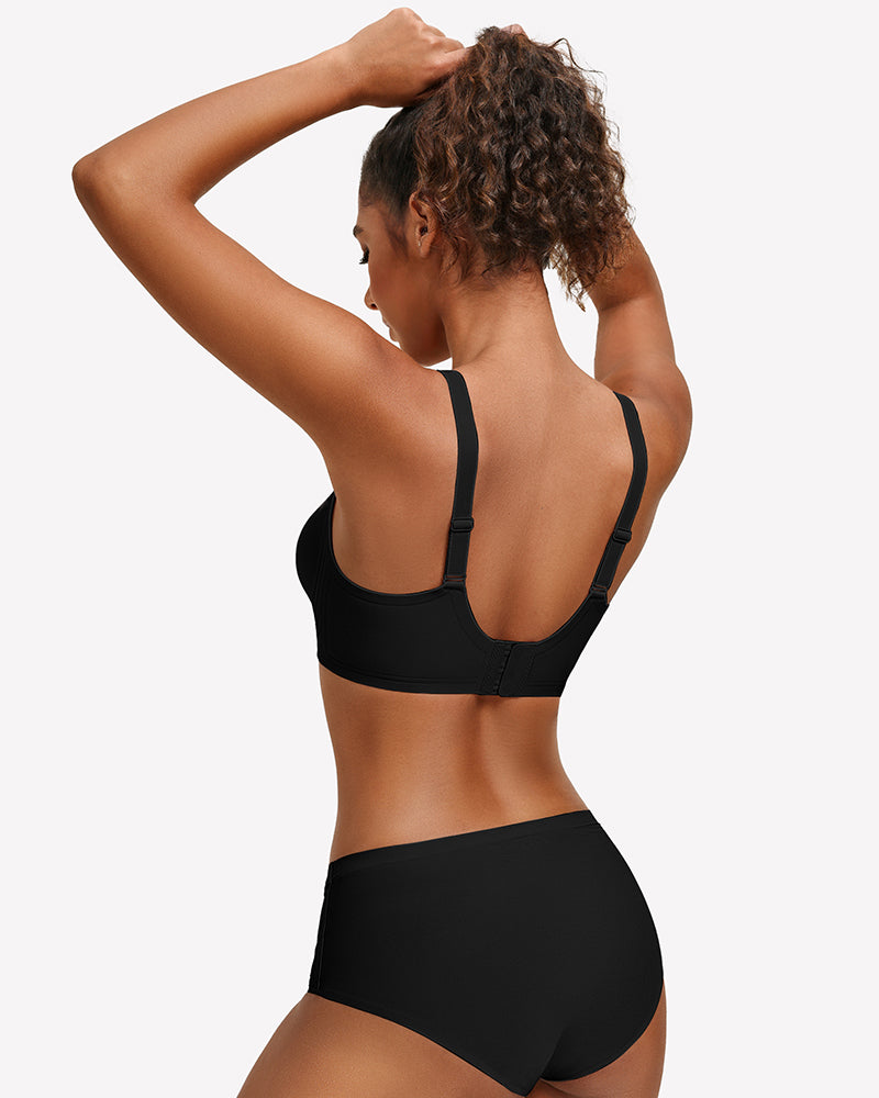 Black seamless push-up deep V bra back view with straps