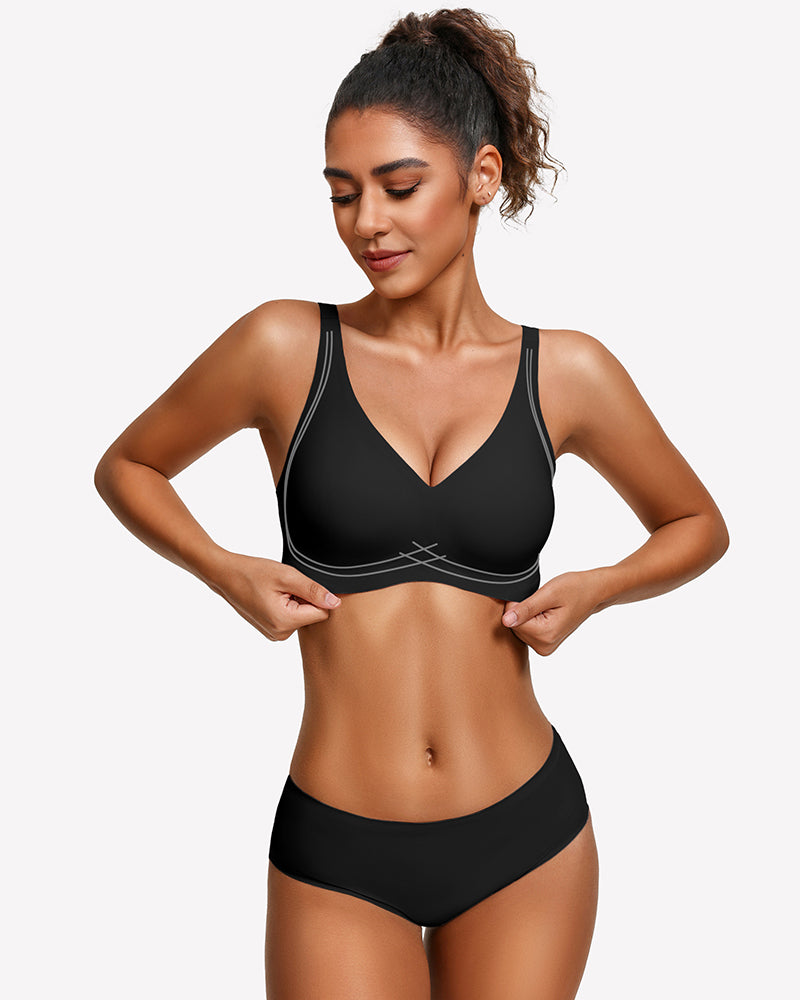 Black seamless push-up deep V bra with narrow straps