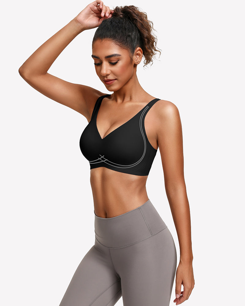Black seamless push-up deep V bra, side view with narrow straps