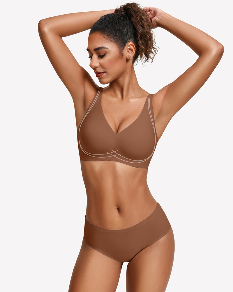Brown seamless push-up deep V bra front view with narrow straps