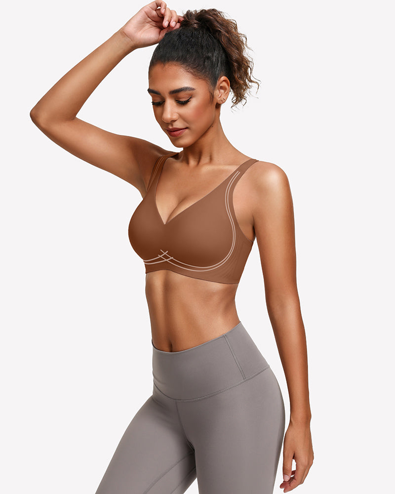Brown seamless push-up deep V bra with narrow straps