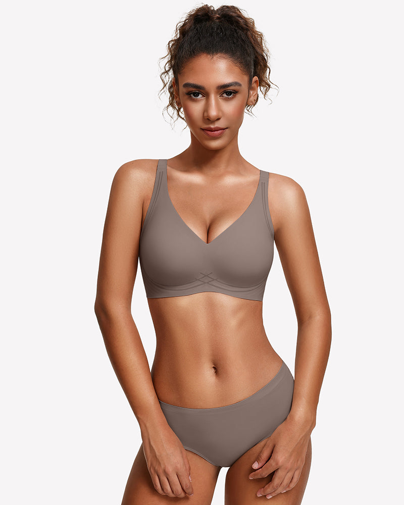 Seamless push-up comfort bra, deep V neckline in grey with wide straps