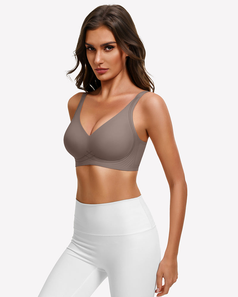 Gray seamless push-up deep V bra with narrow straps