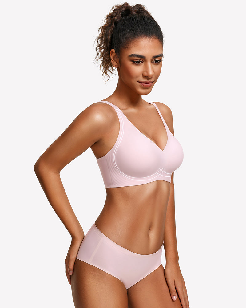 Seamless push-up comfort bra, deep V neckline in light pink with thin straps
