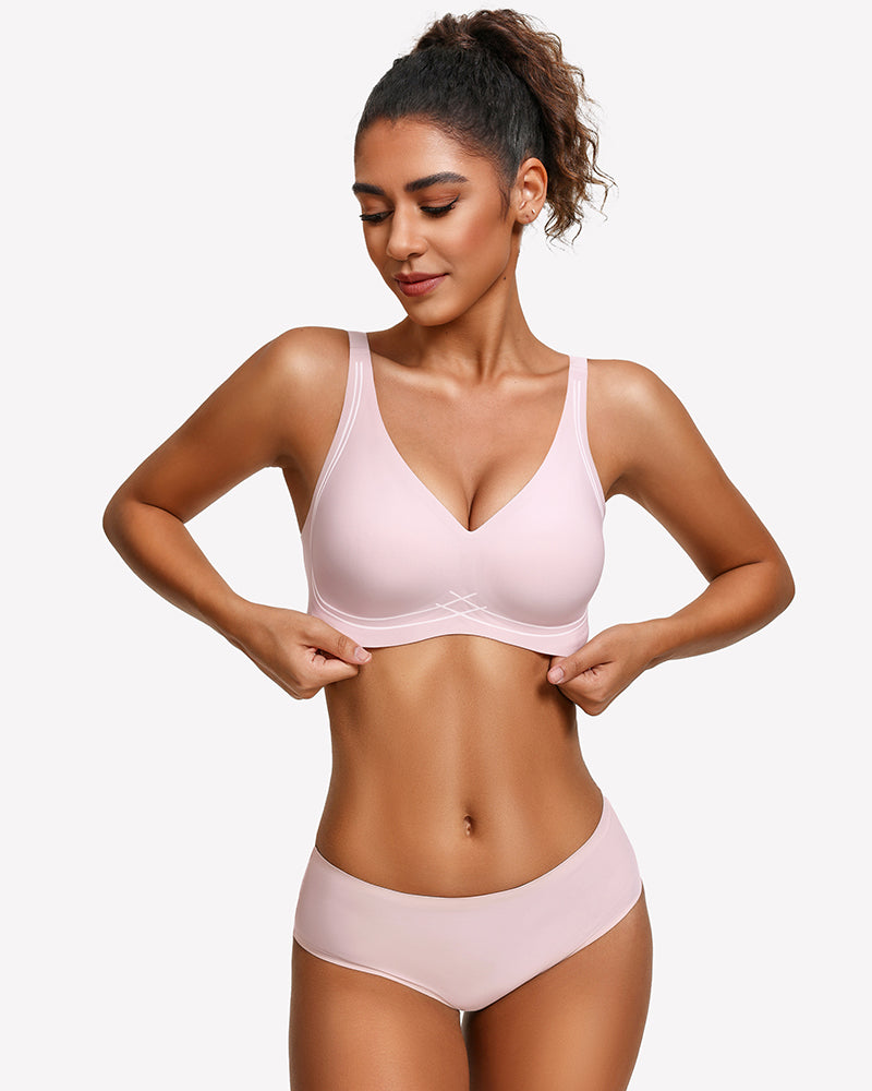 Pink seamless push-up deep V bra with narrow straps