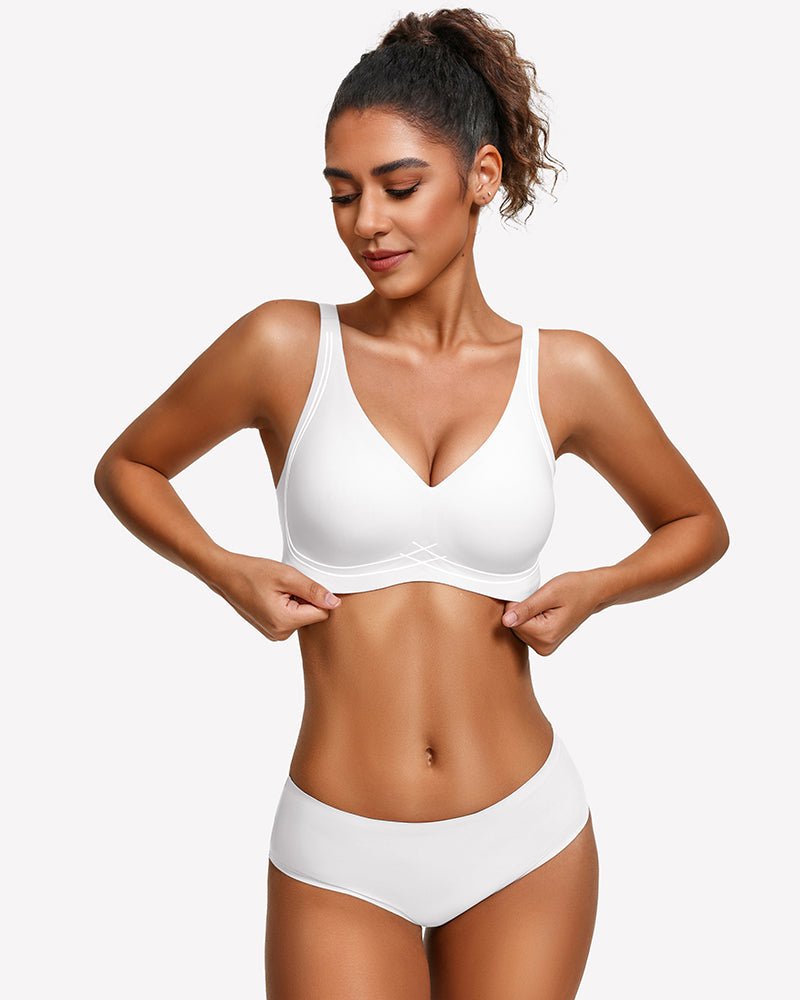 Seamless push-up comfort bra, deep V neckline in white with wide adjustable straps