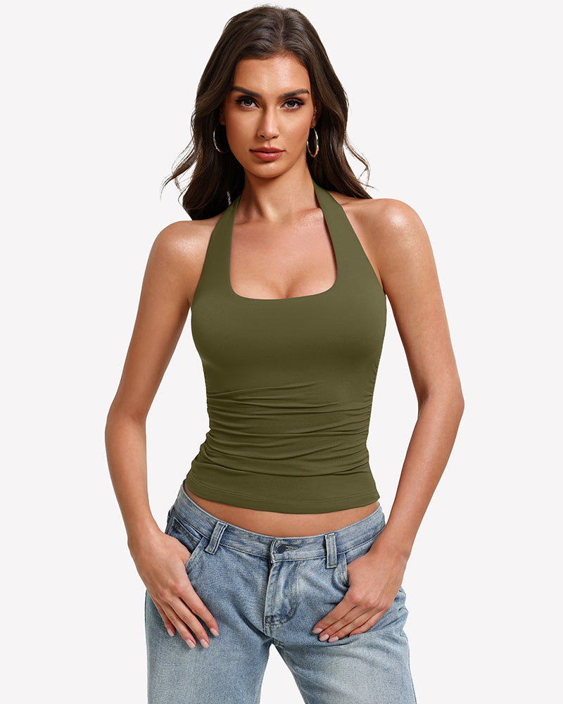 Halter ruched double-lined tank top in olive green with scoop front