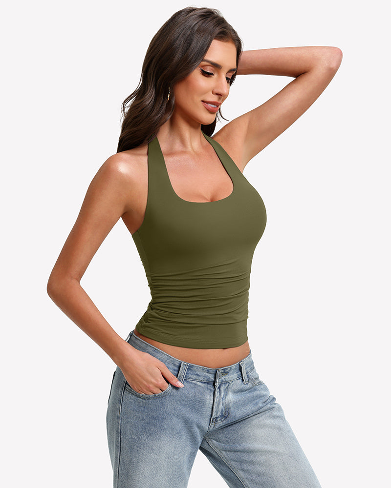 Halter ruched double-lined tank top in olive green with scoop front