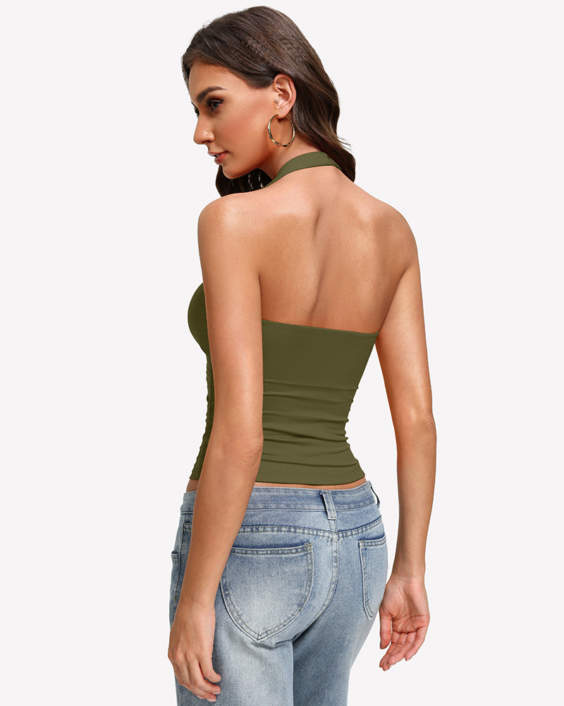 Halter ruched double-lined tank top in dark olive green, open back