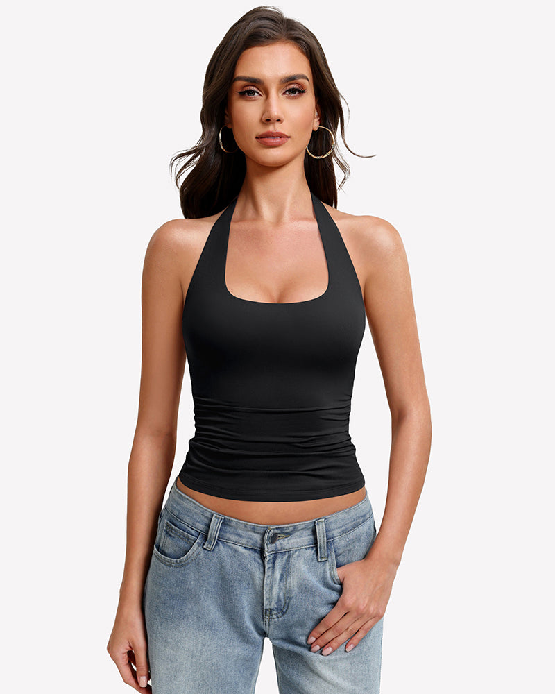 Black halter tank top with ruched waist and wide scoop halter neckline