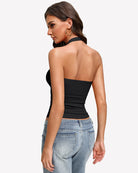 Halter ruched double-lined tank top in black, open back