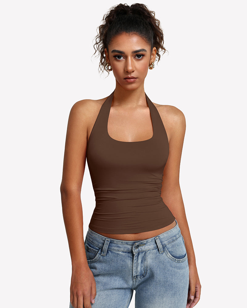 Brown halter tank top with ruched front and wide scoop halter neckline, double-lined