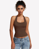 Brown halter tank top with ruched front and wide scoop halter neckline, double-lined