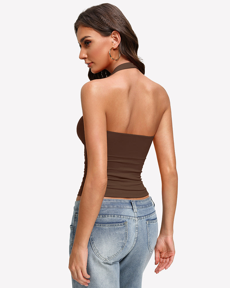 Brown backless halter tank top with ruched fit and wide scoop back neckline