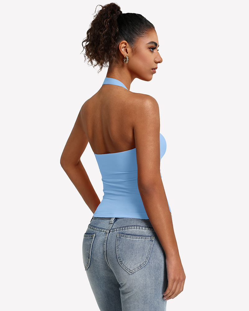 Light blue backless halter tank top with ruched sides and scoop back neckline