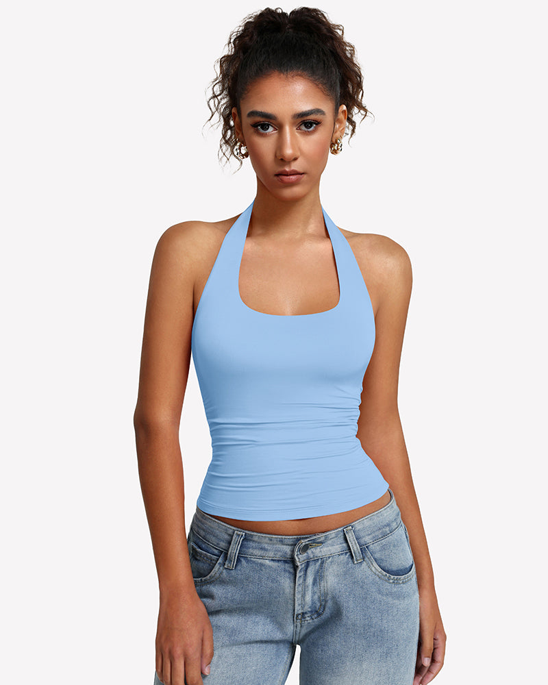Light blue halter tank top with ruched waist and wide scoop halter neckline