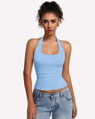 Light blue halter tank top with ruched waist and wide scoop halter neckline