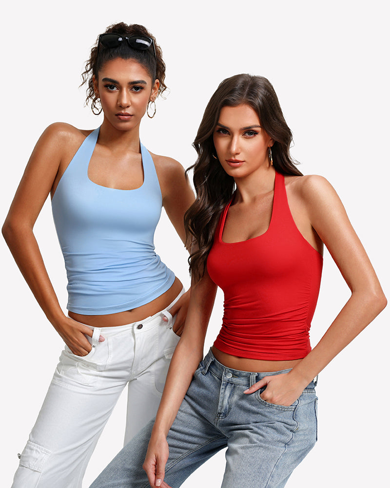 Light blue halter tank top with ruched front and wide scoop halter neckline