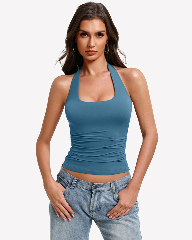 Teal blue halter tank top with ruched front and wide scoop halter neckline