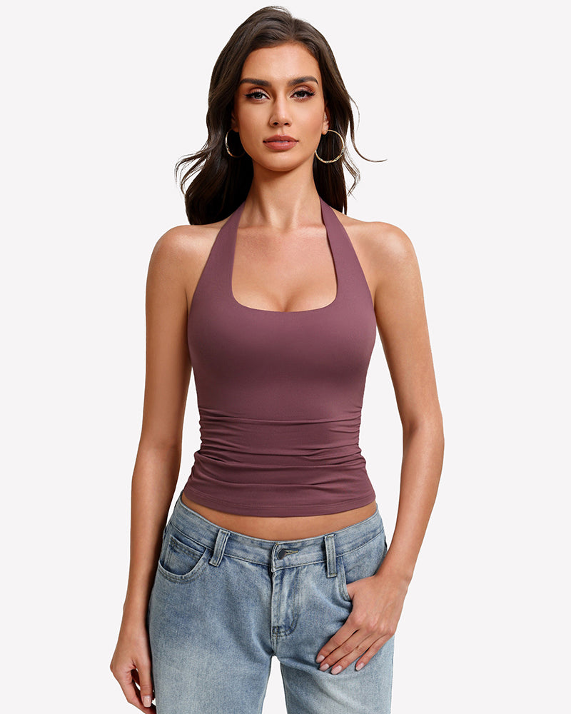Halter ruched double-lined tank top in dark mauve with scoop front