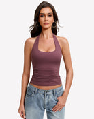 Halter ruched double-lined tank top in dark mauve with scoop front