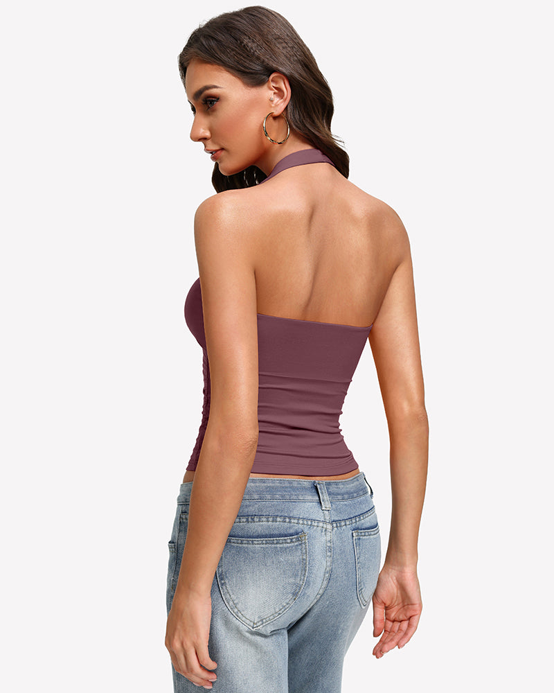 Halter ruched double-lined tank top in burgundy with open back