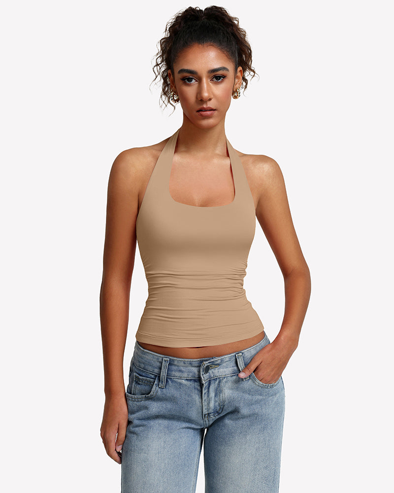 Halter ruched double-lined tank top in beige tan with scoop front