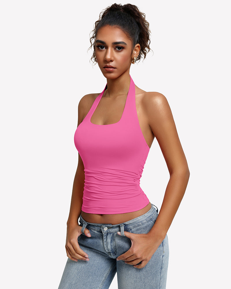 Halter ruched double-lined tank top in magenta pink with scoop front