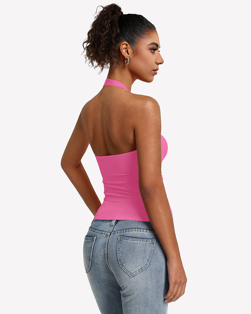 Halter ruched double-lined tank top in magenta pink, open back