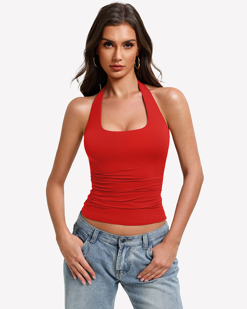 Red halter tank top with ruched front and wide scoop halter neckline