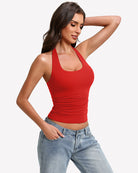 Red halter tank top with ruched waist and scoop neckline