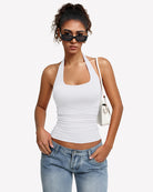 Halter ruched double-lined tank top in white with scoop front