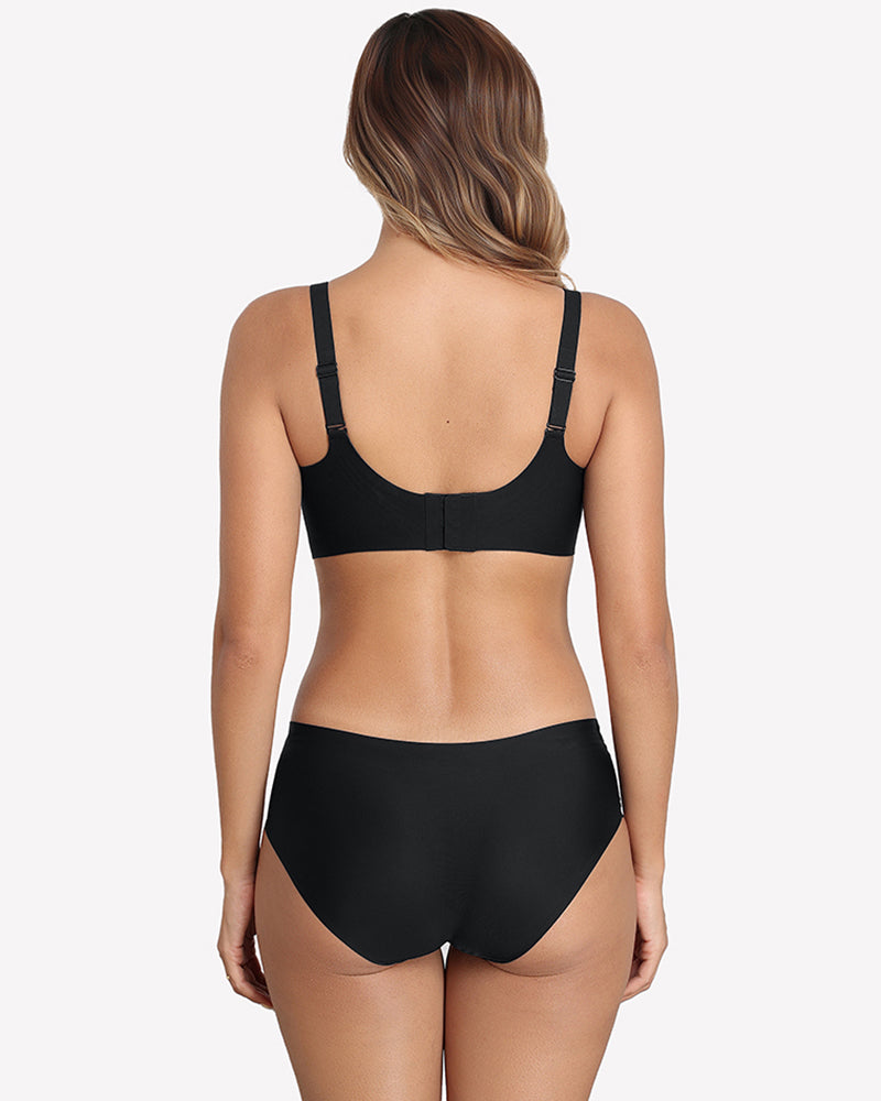 Black V-neck wireless bra from the back with adjustable shoulder straps