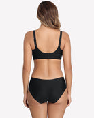 Black V-neck wireless bra from the back with adjustable shoulder straps