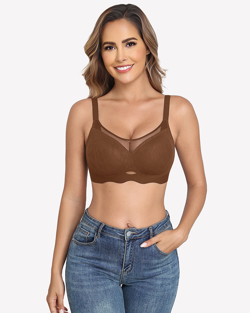 Brown V-neck wireless mesh bra with contoured cups and adjustable straps