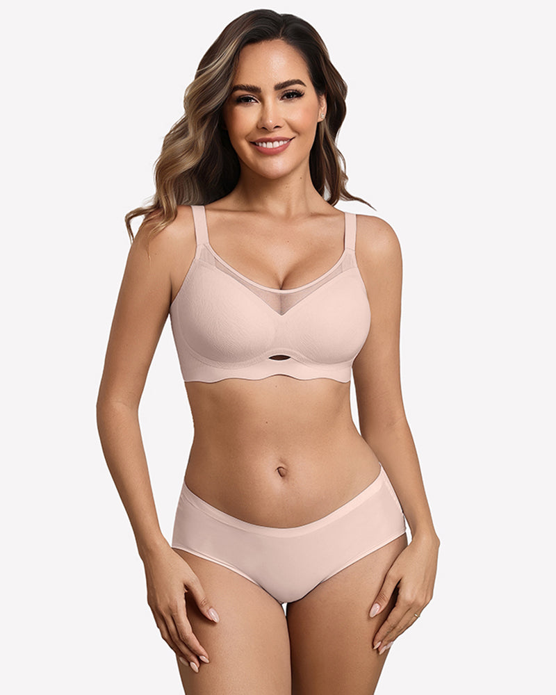 Nude V-neck wireless mesh bra with underwire-style shape and adjustable straps
