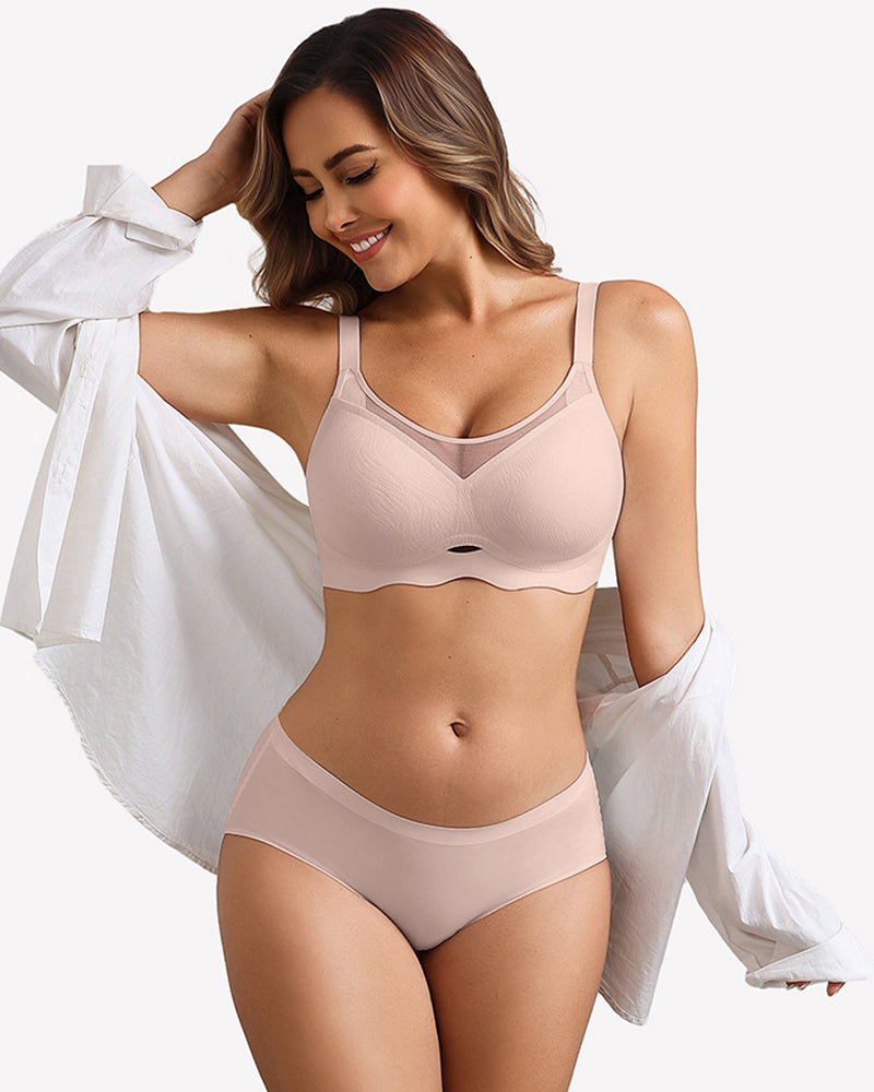 Nude V-neck wireless mesh bra with contoured cups and adjustable straps