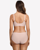 Nude V-neck wireless bra from the back with adjustable shoulder straps