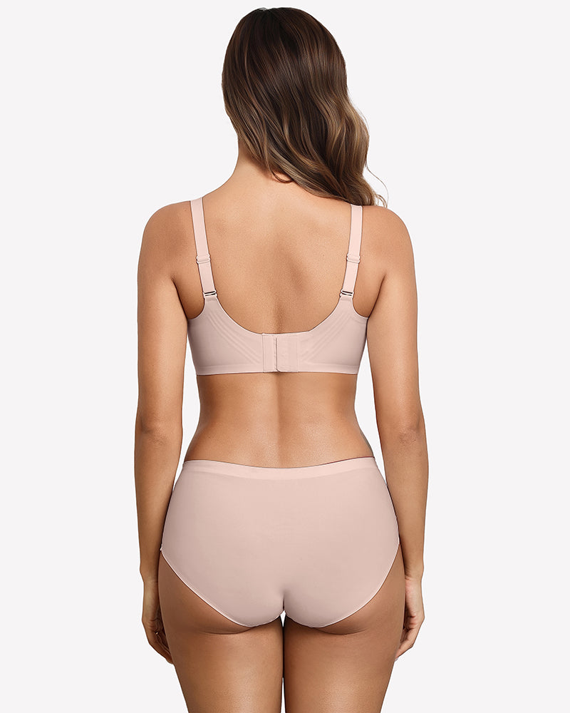 Nude V-neck wireless bra from the back with adjustable shoulder straps