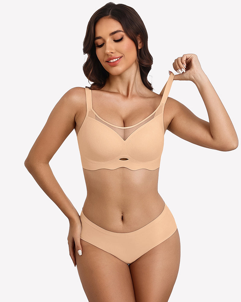 Nude V-neck wireless mesh bra with contoured cups and adjustable straps