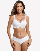 White V-neck wireless mesh bra with smooth contoured cups and adjustable straps
