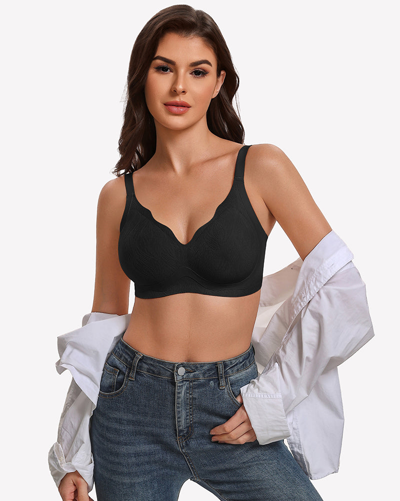 Black wireless seamless bra with V-neck cups and wide adjustable straps