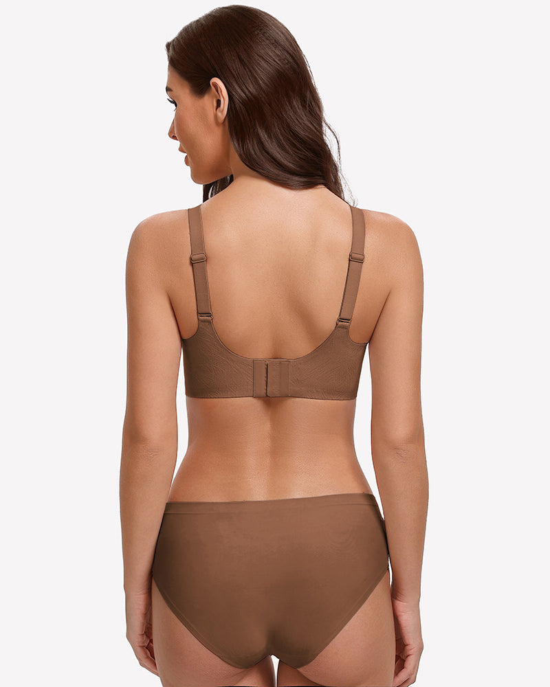 Back view of brown wireless seamless bra with adjustable straps
